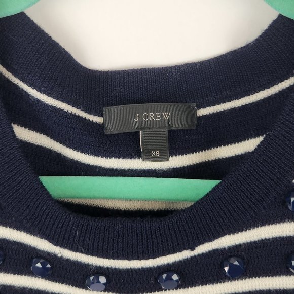 J. Crew 100% Merino Wool Navy White Stripes Embellished Crewneck Sweater sz XS - Picture 3 of 8